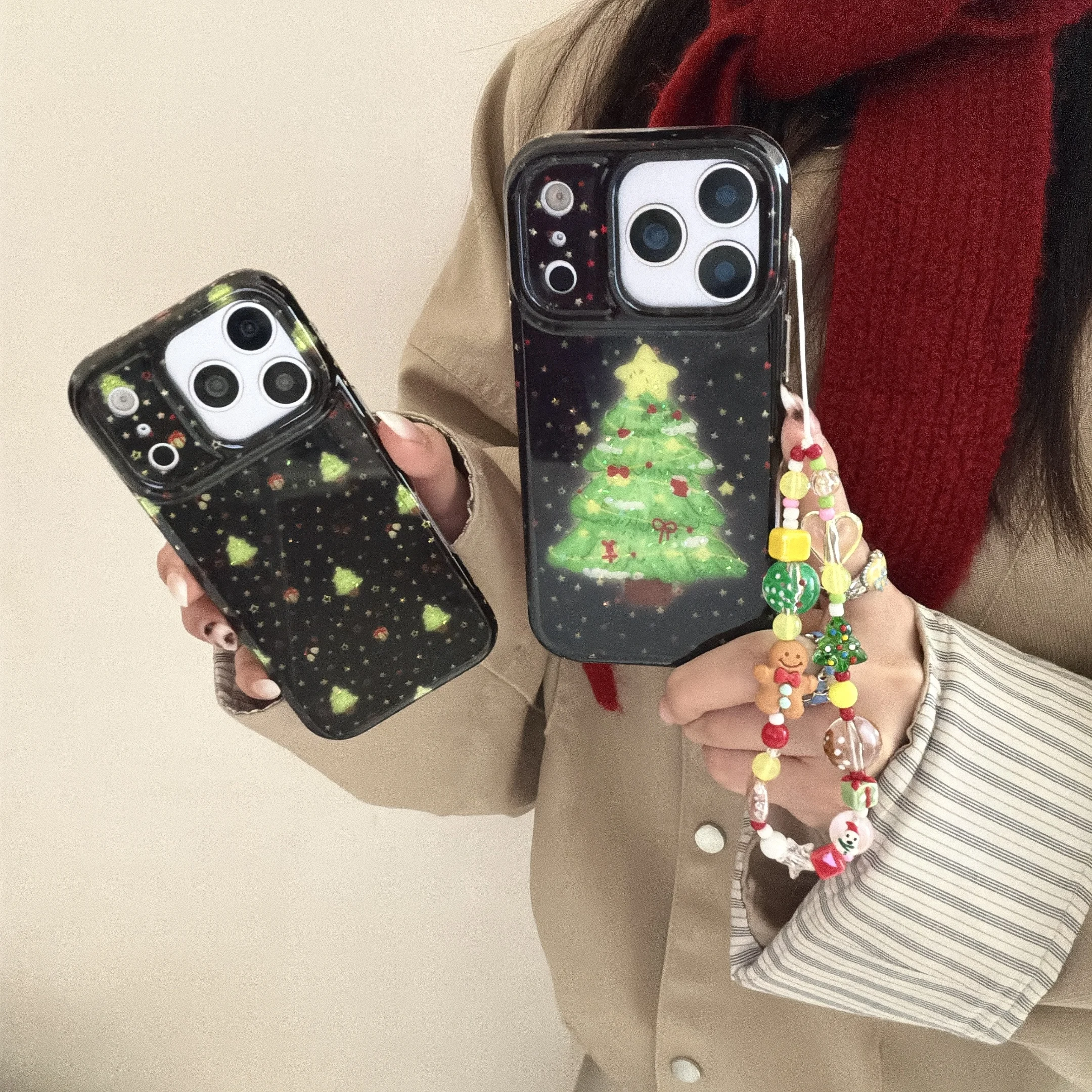 شجرة عيد الميلاد الاحتفالية وأنماط شجرة صغيرة مع حافظة هاتف بسلسلة مطرزة لهاتف آيفون 17 16 15 14 13 Pro Max غطاء هاتف خلفي Capa