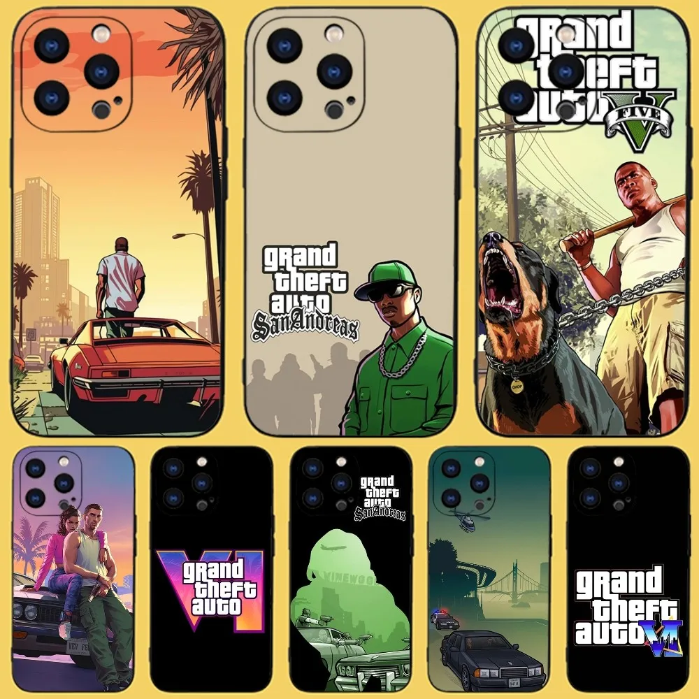 Rockstar Gta 5 Grand Phone Case For iPhone 15,14,13,12,11 Plus,Pro,Max,XR,XS,X,7,8 Plus,SE,Mini Black Silicone Soft