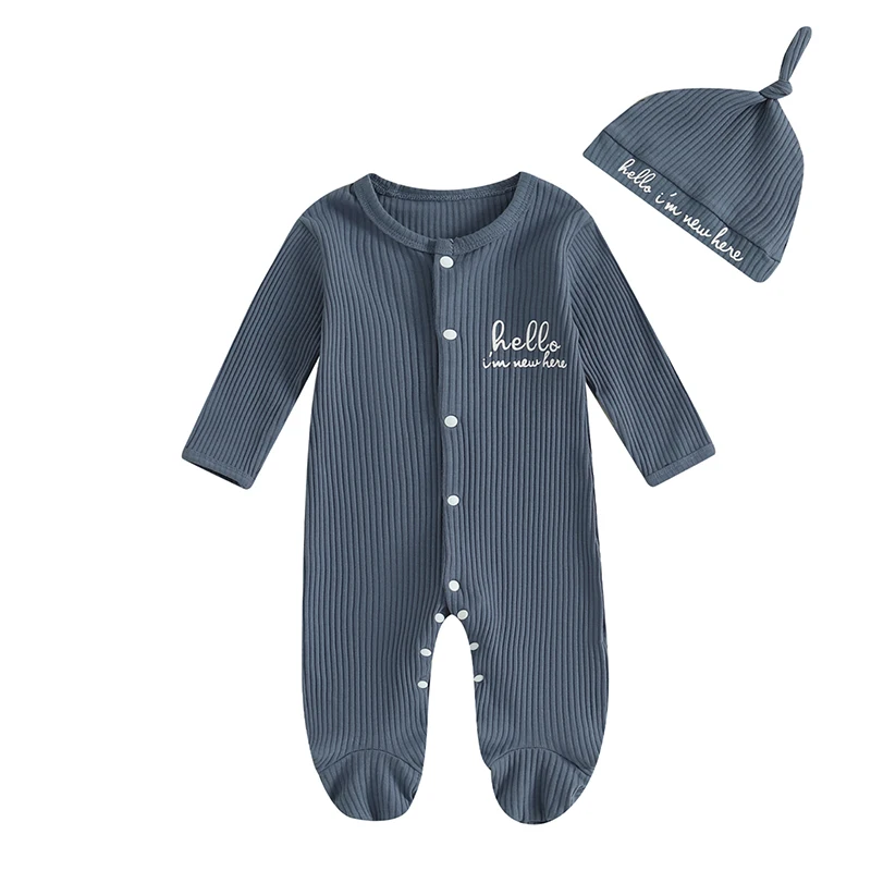 Baby Boy Footie Romper Casual Letter Print Long Sleeve Jumpsuit and Cute Hat Set for Infant Toddler Fall Outfit