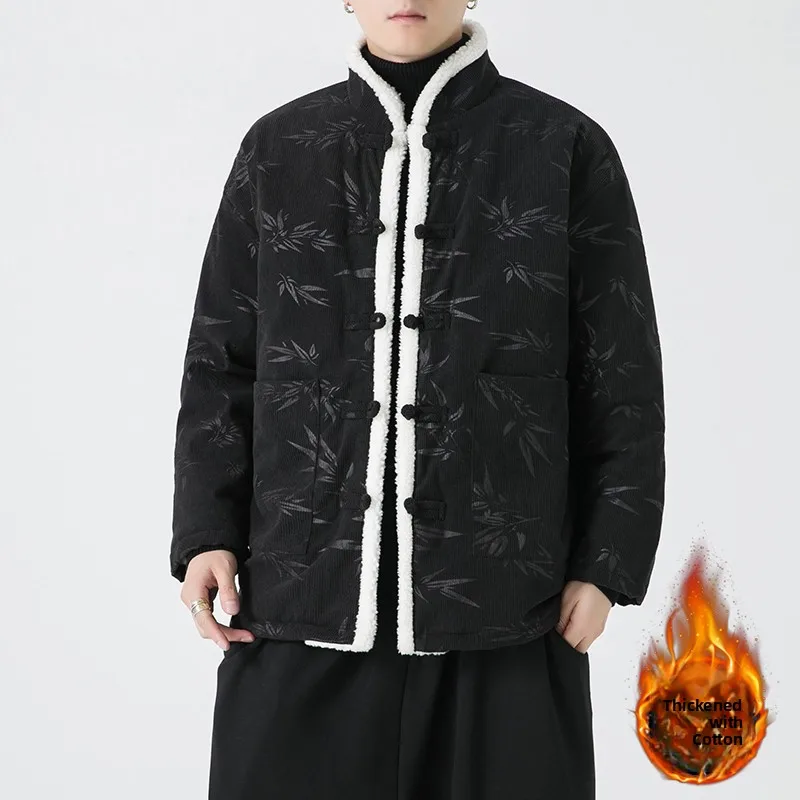 

Новое китайское хлопковое тюлевое мужское зимнее пальто в стиле ретро с вельветовой вышивкой, большой размер, молодежное повседневное теплое пальто с воротником-стойкой