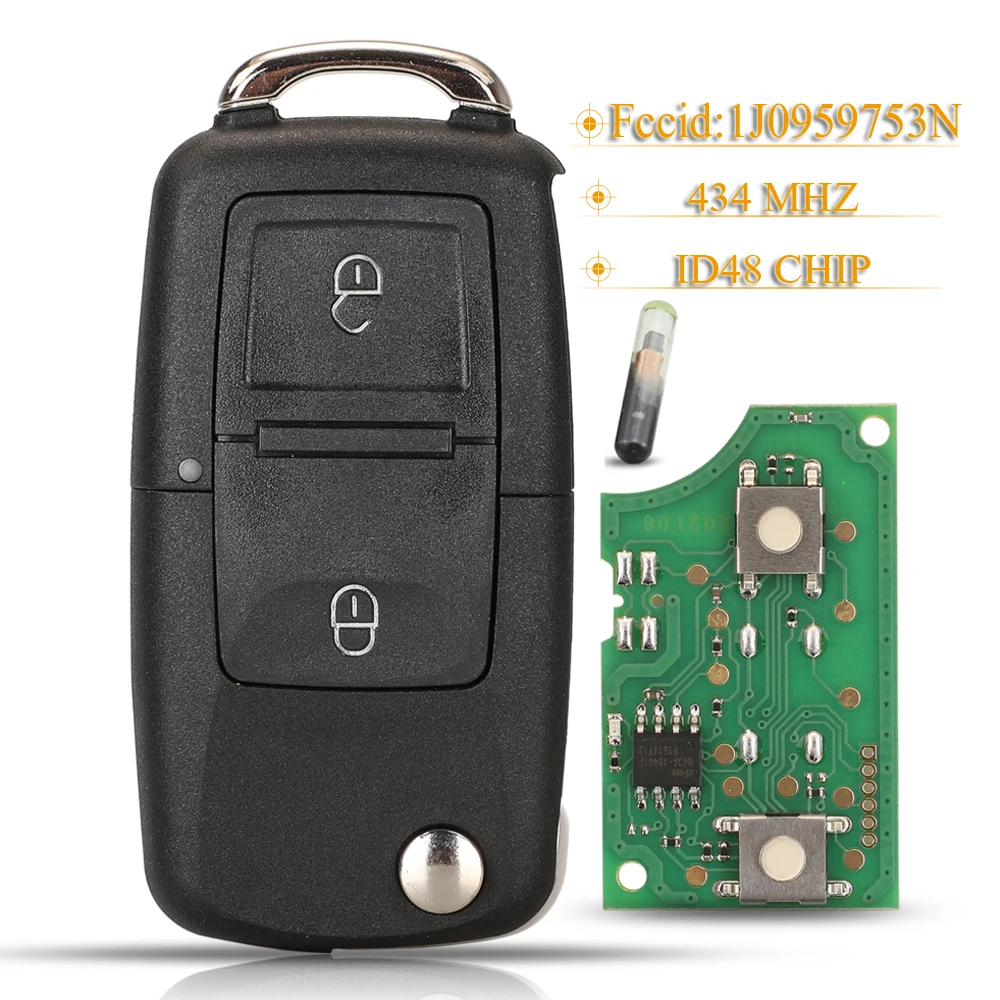 jingyuqin 2 Buttons Smart Remote Car Key Fod 434MHZ ID46 Chip 1J0959753N For VW Volkswagen Beetle Bora Polo Golf Passat