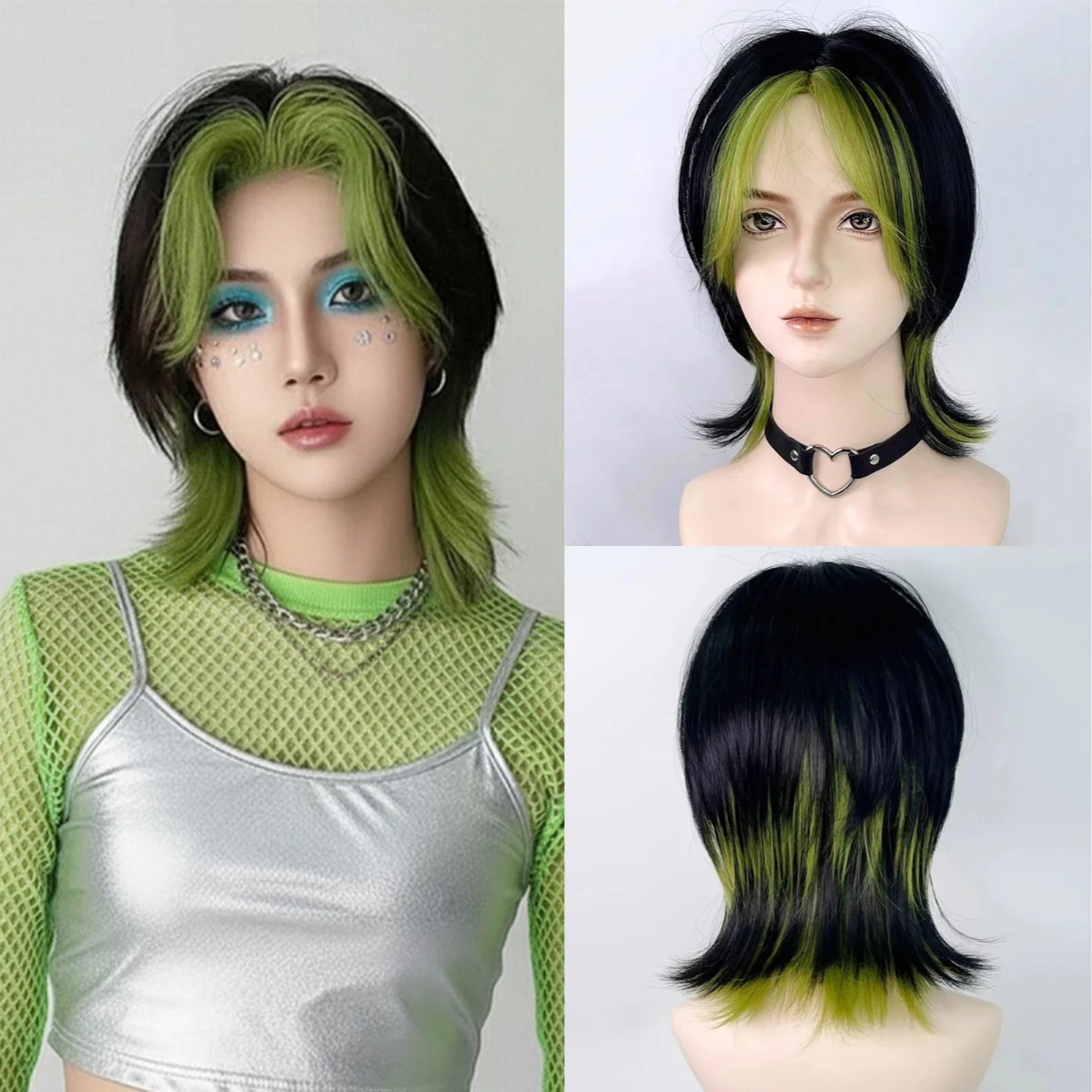 

Men Women Wig Synthetic Hair Wig Mullet Head Wig Short Black Ombre Green Straight Wig For Daily Party Cosplay Heat Resistant