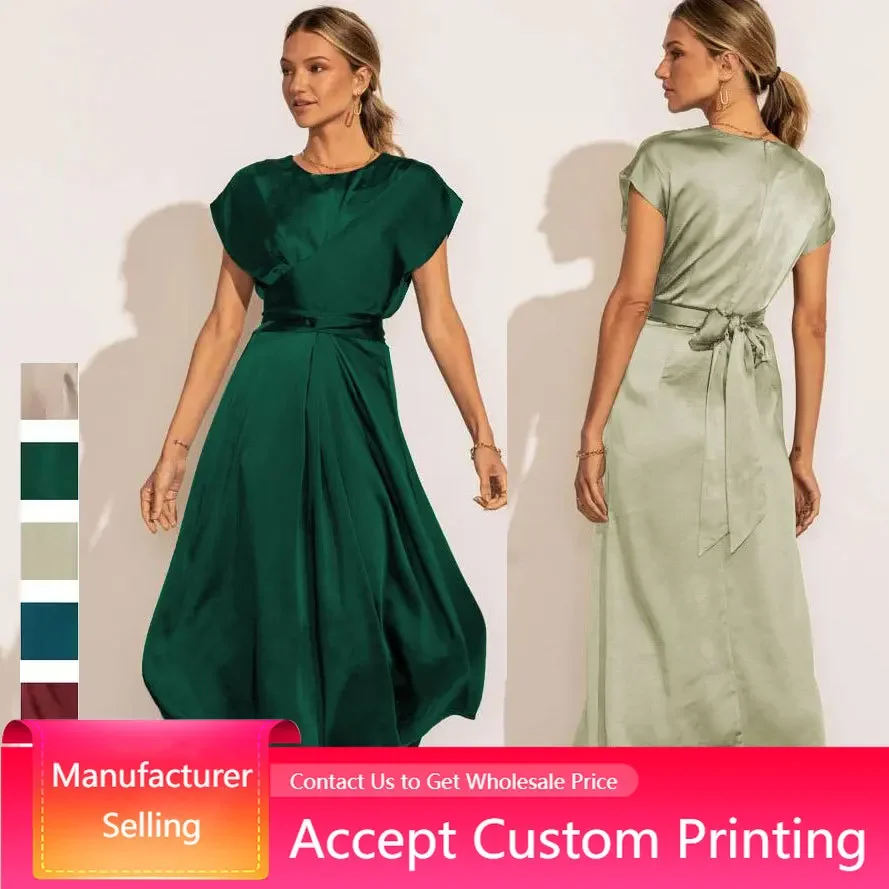 ชุดเดรสลําลองซาตินลูกเรือคอแขนกุดฤดูร้อนผู้หญิง Ruched เอว Tie Silky Temperament Slim ชุดราตรีหรูหรา