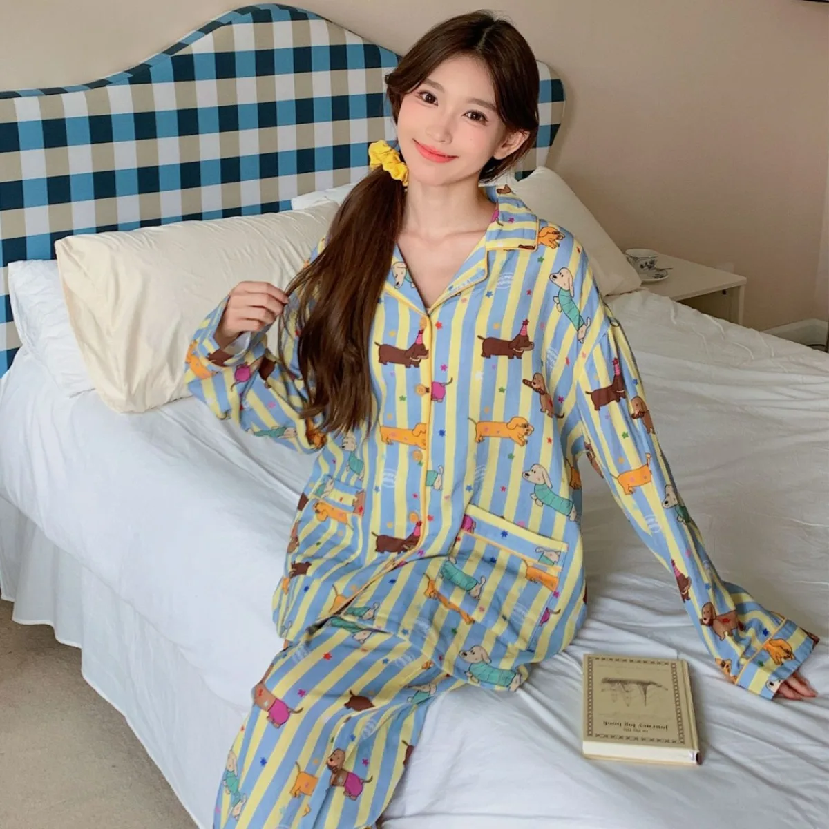 Spring Autumn Cotton Women\'s Pajamas Cute Dachshund Print Striped Two Pieces Set Long Sleeve Tops Full Length Pants Sleepwear 49