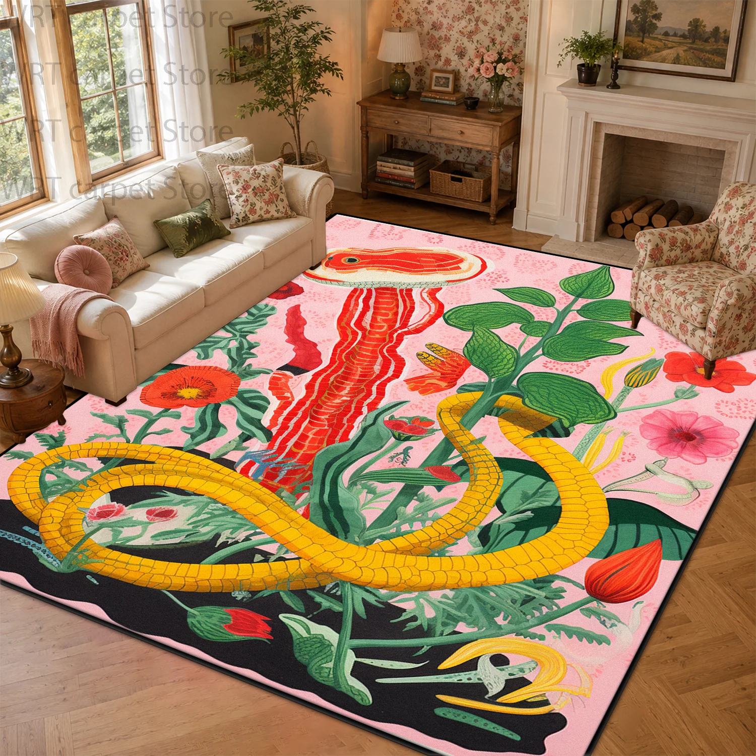 Vintage Plant Art Style Living Room Carpet Snake Print Decoration Home Sofa Area Soft Rugs Bedroom Deck Washable Non-slip Mat