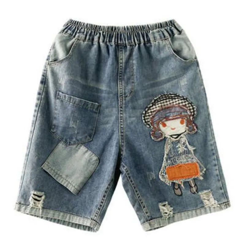 

Elastic Waist Do The Old Denim Shorts Women's Summer High Waist Straight Loose Ripped Female Patchwork Hot Shorts s308