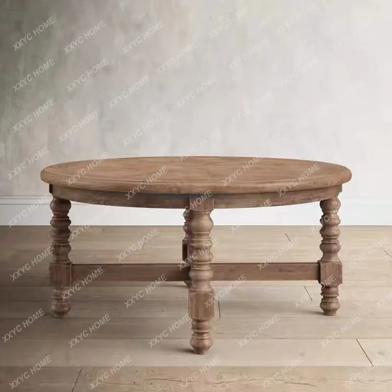 XX Country Style Solid Wood Round Small Apartment Living Room Coffee Table Retro Home Storage Coffee Table