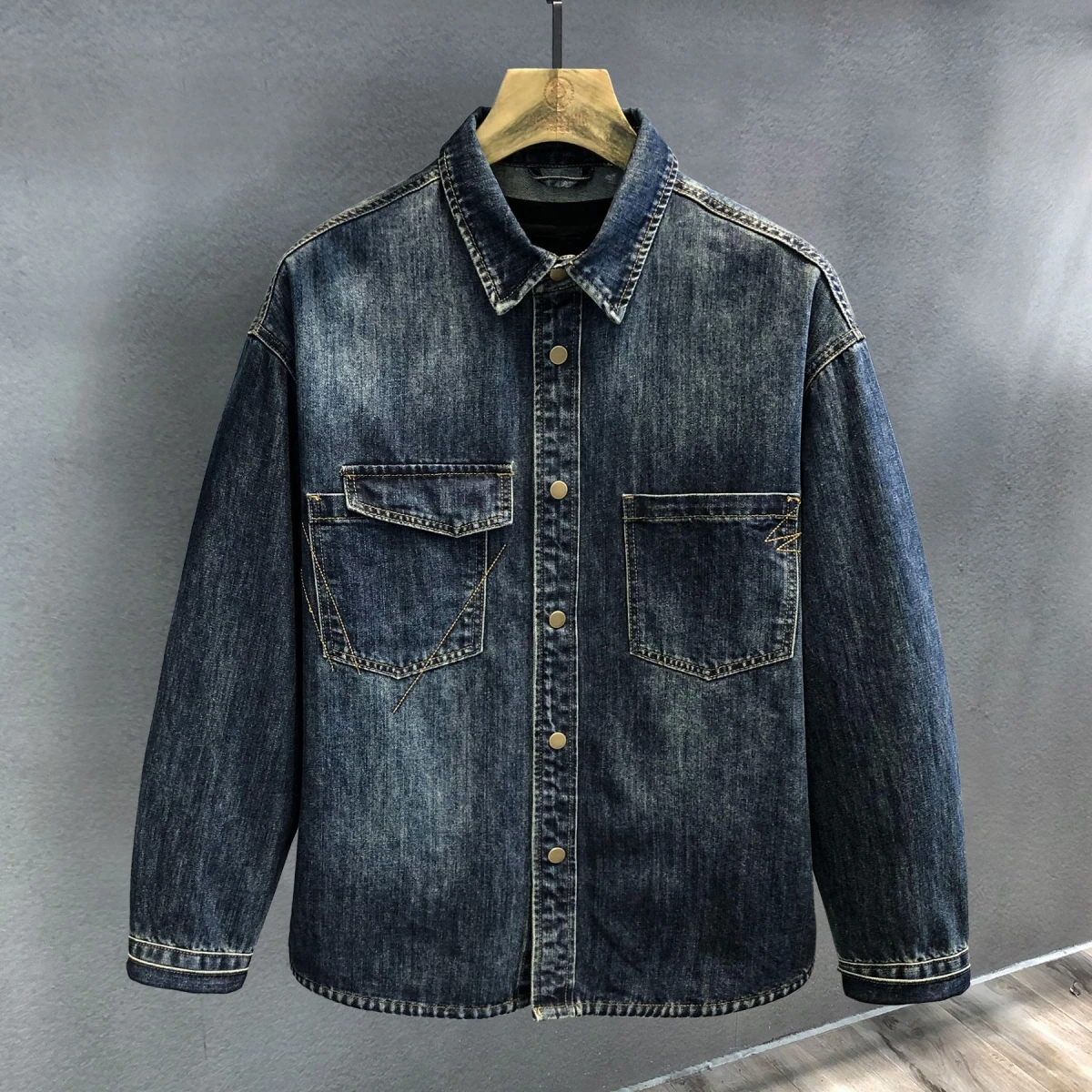 

Мужская винтажная джинсовая куртка G Sang High Street с длинными рукавами, осенне-весенняя, из плотного денима, повседневная, из хлопка и полиэстера