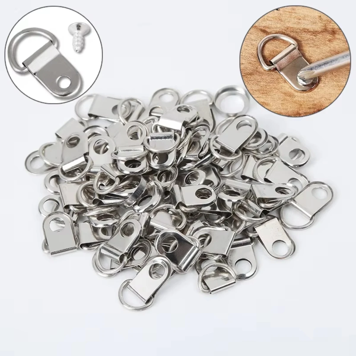 100Pcs Oil Painting Mirror Picture Frame Hanger, Round D Ring Buckle, Photo Wall Hook With Screws
