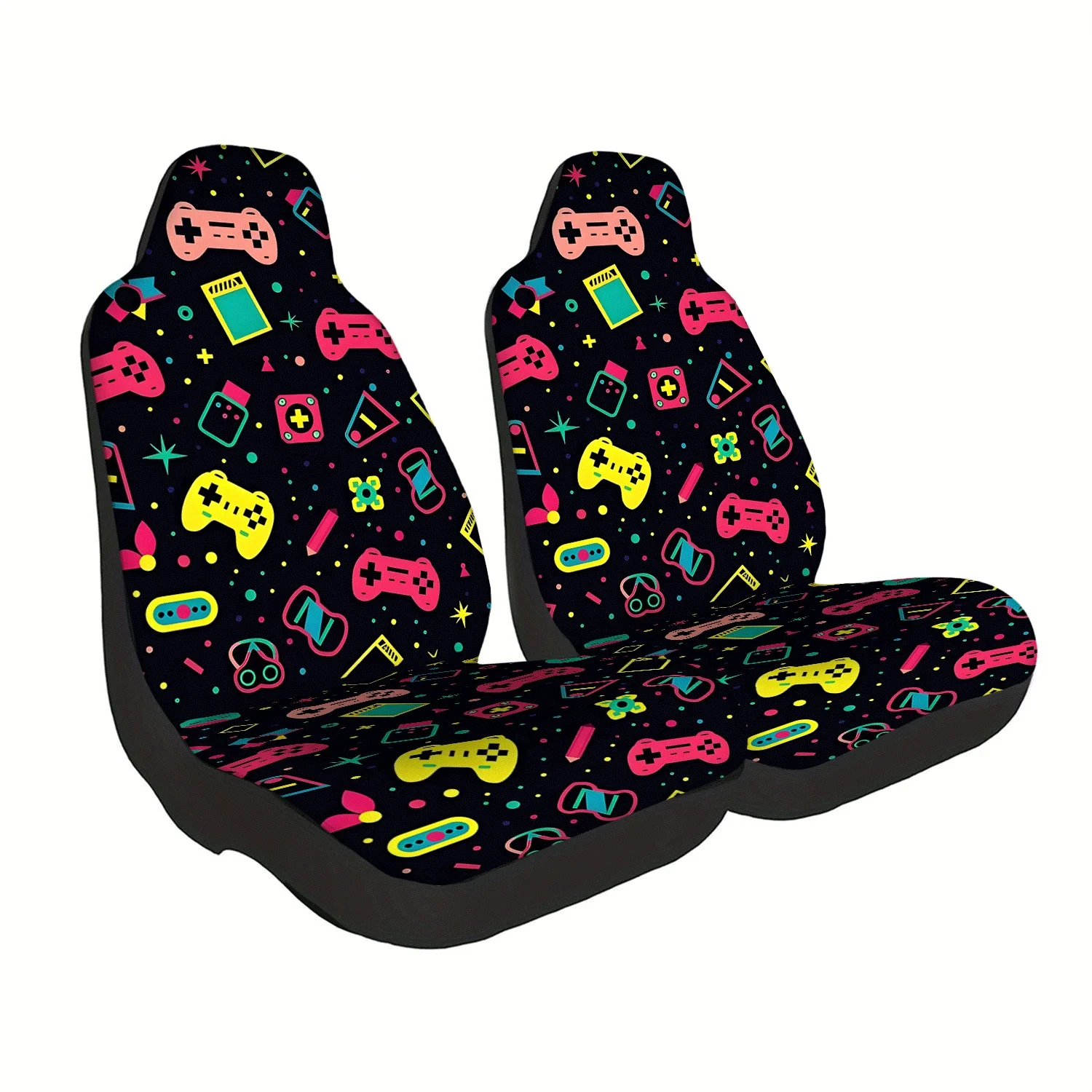 Set Of 2 Game Controller Patterned Car Seat Covers, Cute Interior Additions For Car Seats, Front Seat Protectors Suitable For Ca