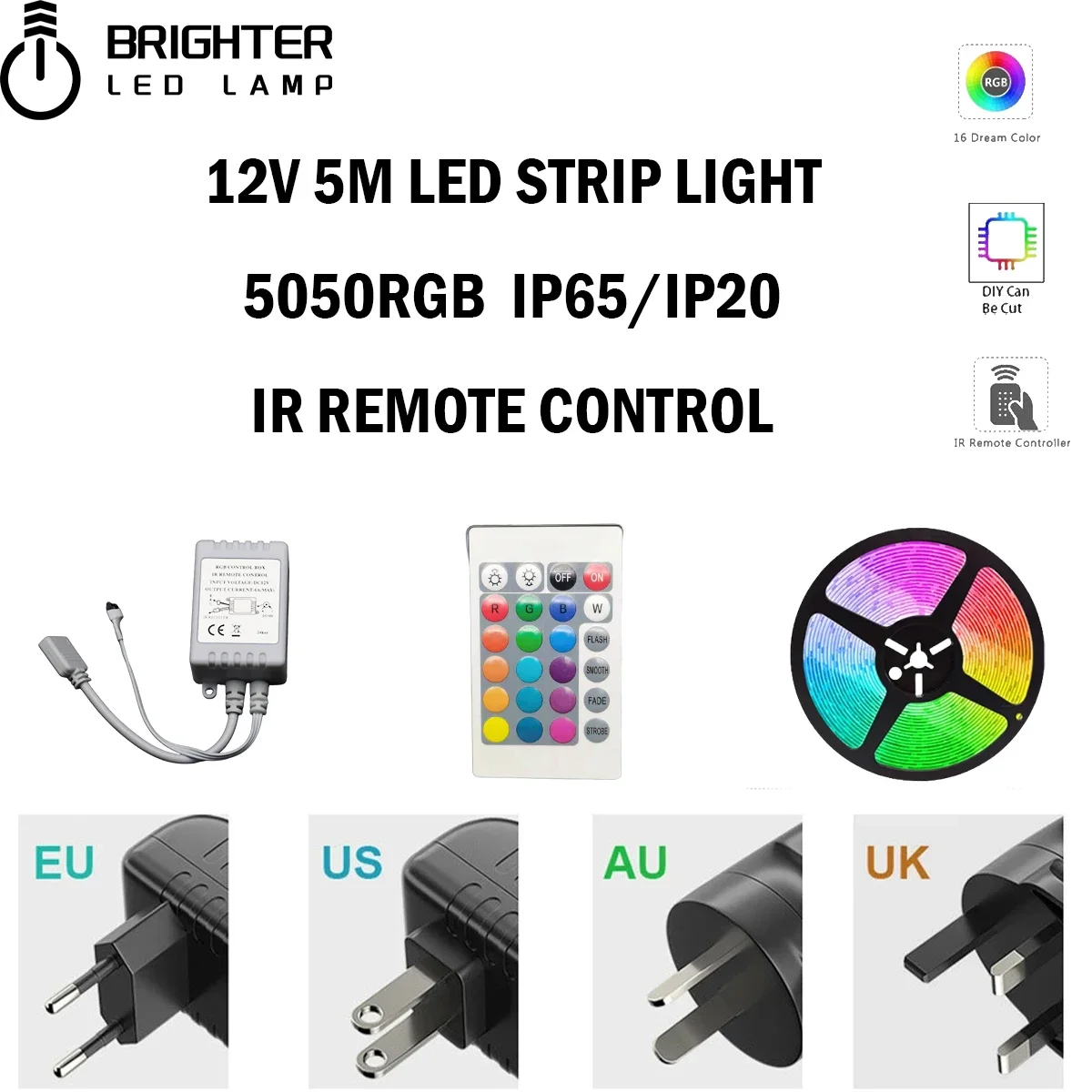 

IP20/IP65 RGB LED strip SMD5050 RGB 5M/Roll 30LED/M 150LED 12V 24 Infrared remote control suitable for home party decoration