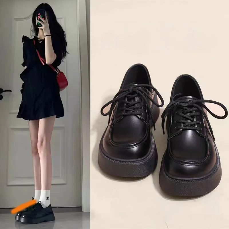 Fashion Black Big Head Mid Heel Wedge Jk Uniform Shoes Women's Summer New Japanese British College Style Platform Shoes