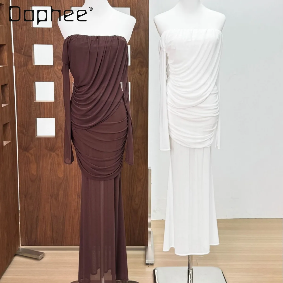 

High End Mesh Off Shoulder Long-sleeved Dress for Women Sexy Tube Top Pleated Sexy Slim Long Dress Socialite Evening Dresses