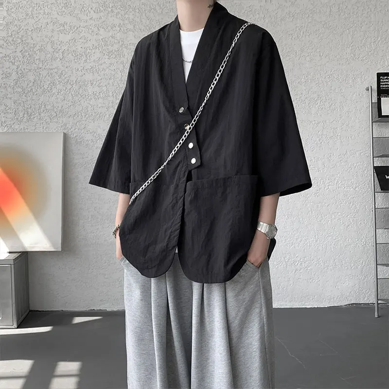 Men's Solid Color Shirt Summer Fashion Trendy Loose High Street Ice Silk 3/4 Sleeve Top Daily Commuter Streetwear Urban Casual