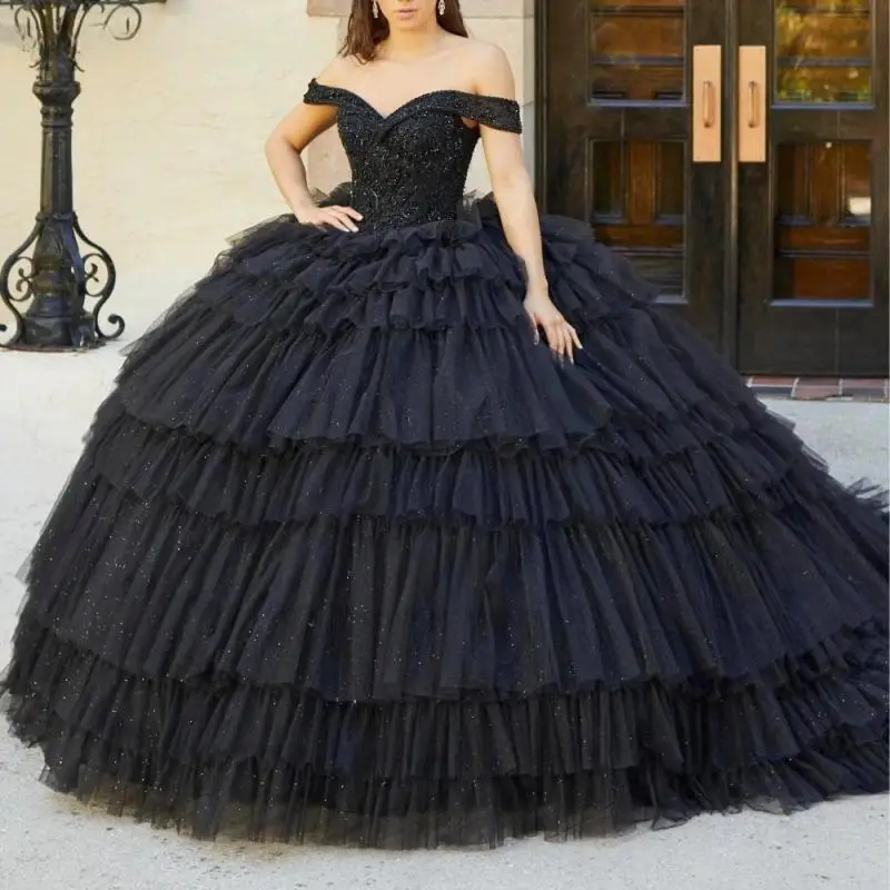 Personalizado preto princesa quinceanera vestido de baile em camadas apliques miçangas brilhante espartilho doce 16 vestido de 15 anos