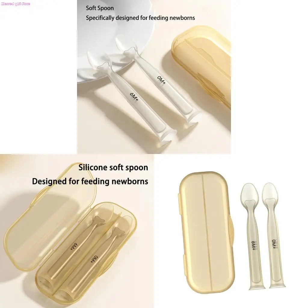 

D0JC Пищевая силиконовая детская ложка, мягкая и гибкая с коробкой для нежного кормления младенцев