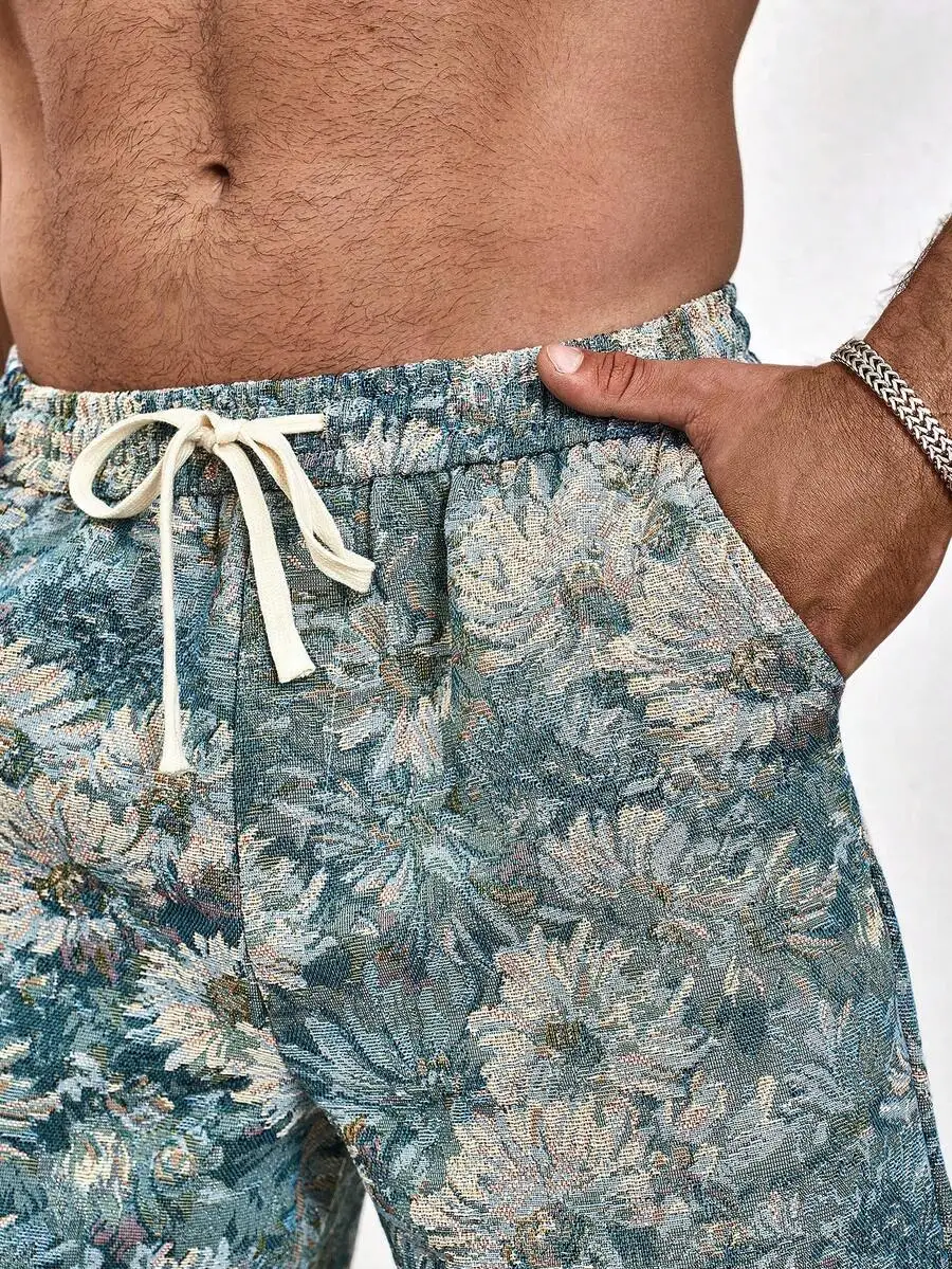 

Mens Casual Floral Jacquard Vacation Shorts With Drawstring Waist