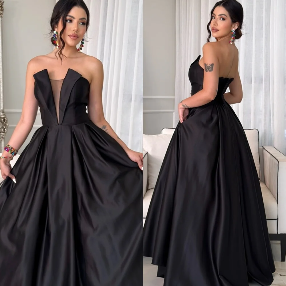 

Customized Sparkly Black Satin Evening Dress Temperament Strapless Sleeveless Homecoming Dresses Elegant Vestido De Festa