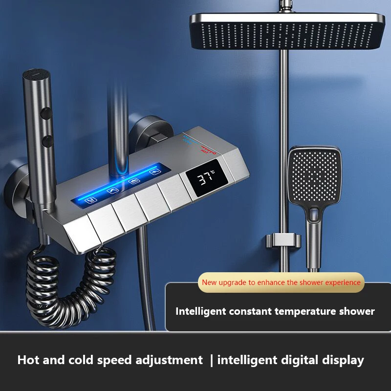 Klawisze do fortepianu System prysznicowy łazienkowy inteligentny wyświetlacz temperatury LED kostium prysznicowy szary deszczownica bateria prysznicowa komplet Drukuje nacisk na Luxury Grifo z 4 trybami