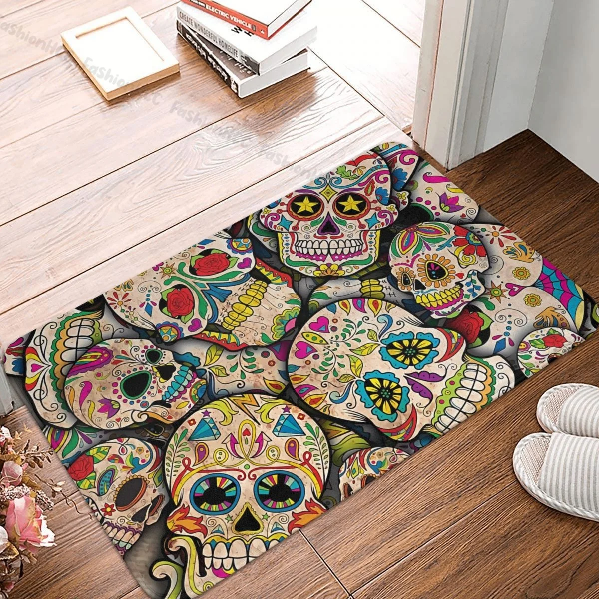 Day of the Dead Bathroom Non-Slip Carpet Sugar Skull Collage Flannel Mat Entrance Door Doormat Floor Decoration Rug