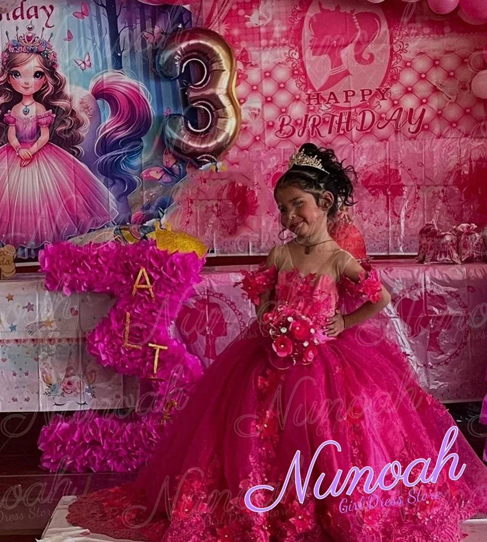 Fuchsia Flower Girl Dress For Wedding Floral Lace Appliques Girl Birthday Party Princess First Holy Communion Gown Customized