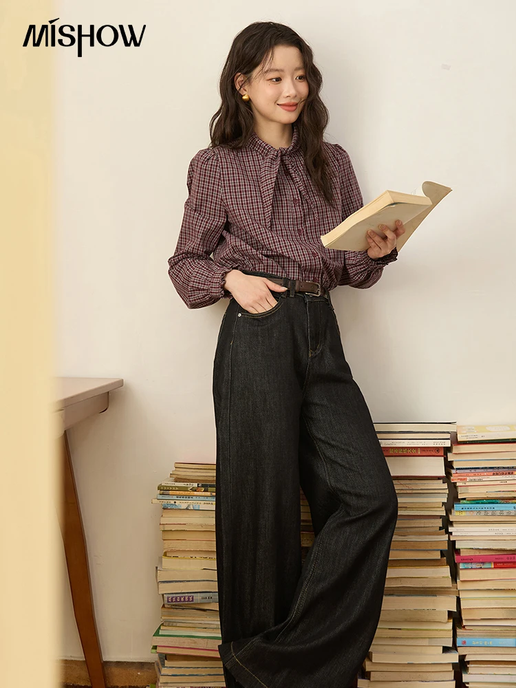 MISHOW 여성용 레트로 격자 무늬 셔츠 2025 가을 100 코튼 보트 칼라 탑 대비 버튼 체리 자수 셔츠 MXE44C2397