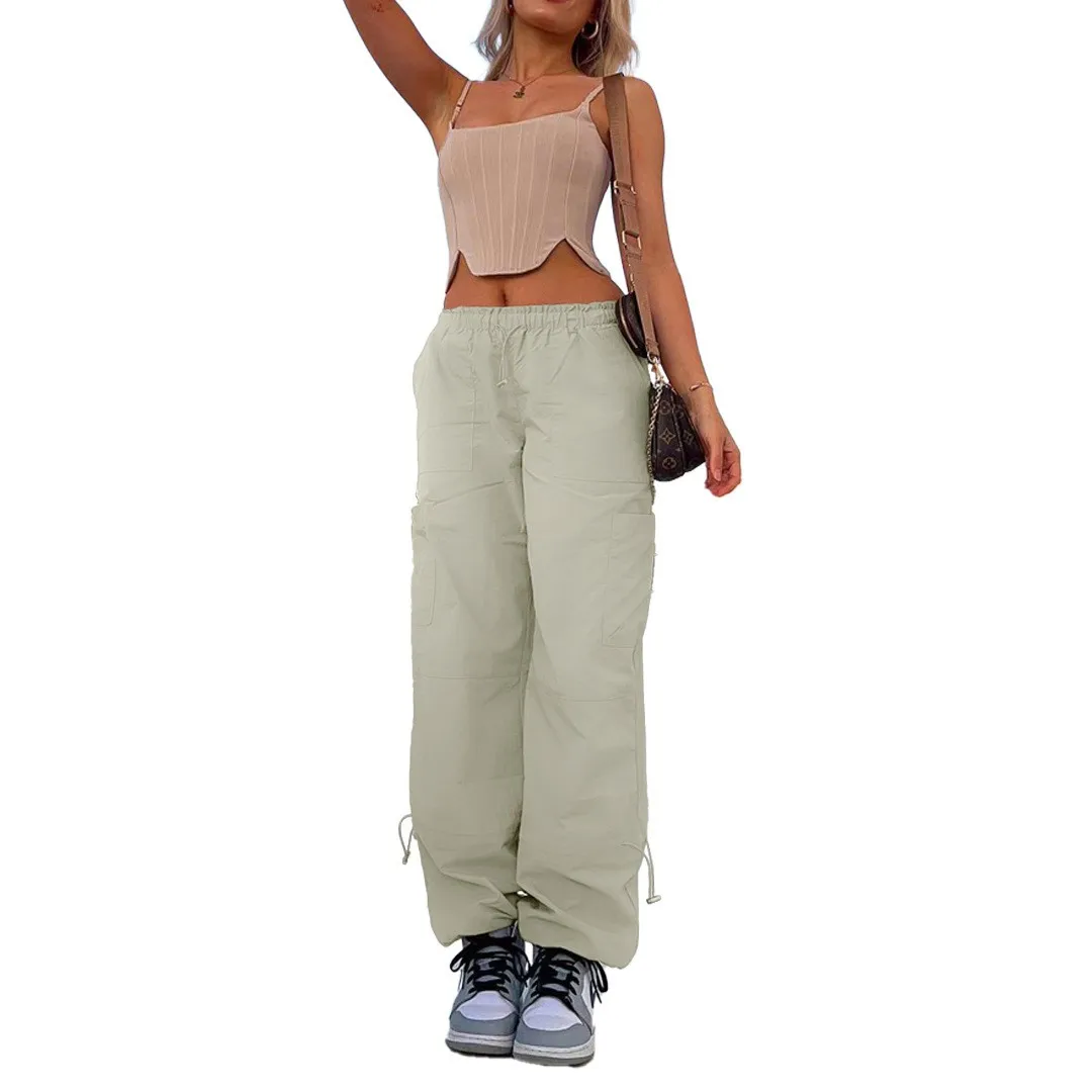 Pantalones cargo de pierna recta con múltiples bolsillos y cintura suelta para mujer