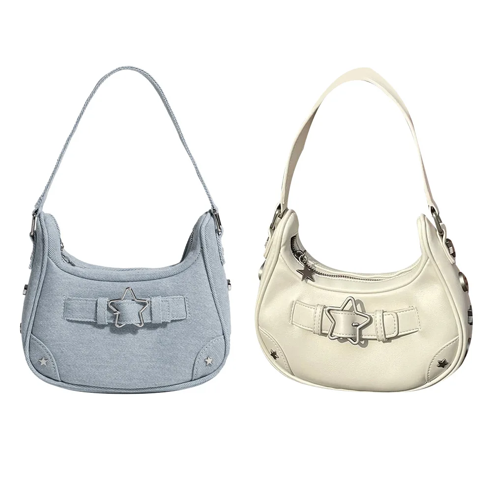 

Women Underarm Bag Zipper Y2K Shoulder Handbag Star Decor Solid Color Fashion Gift for Girls Ladies Purse Tote Bag
