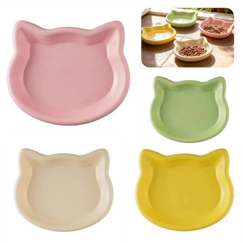 Cute Cat Head Shaped Food Bowl Anti Whisker Fatigue Shallow Pet Feeding Dish Plastic Water Plate For Cats Kittens