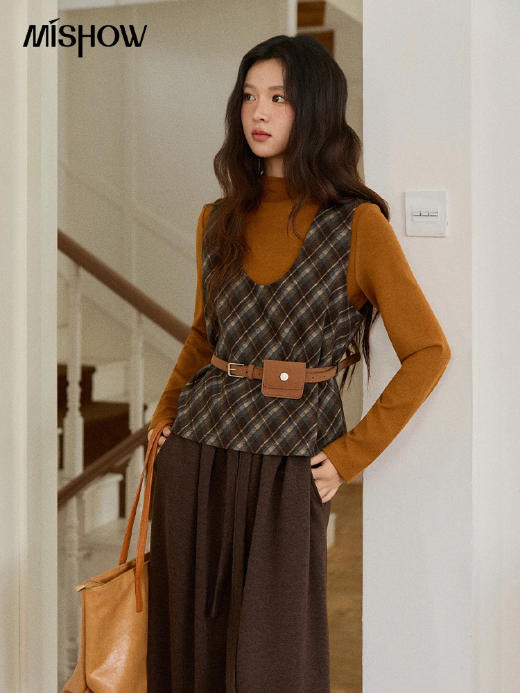 

MISHOW Retro Plaid Vest Suit for Women 2025 Autumn Winter High Collar Knitted Tops Square Collar Vest Two-piece Suit MXE86T1439