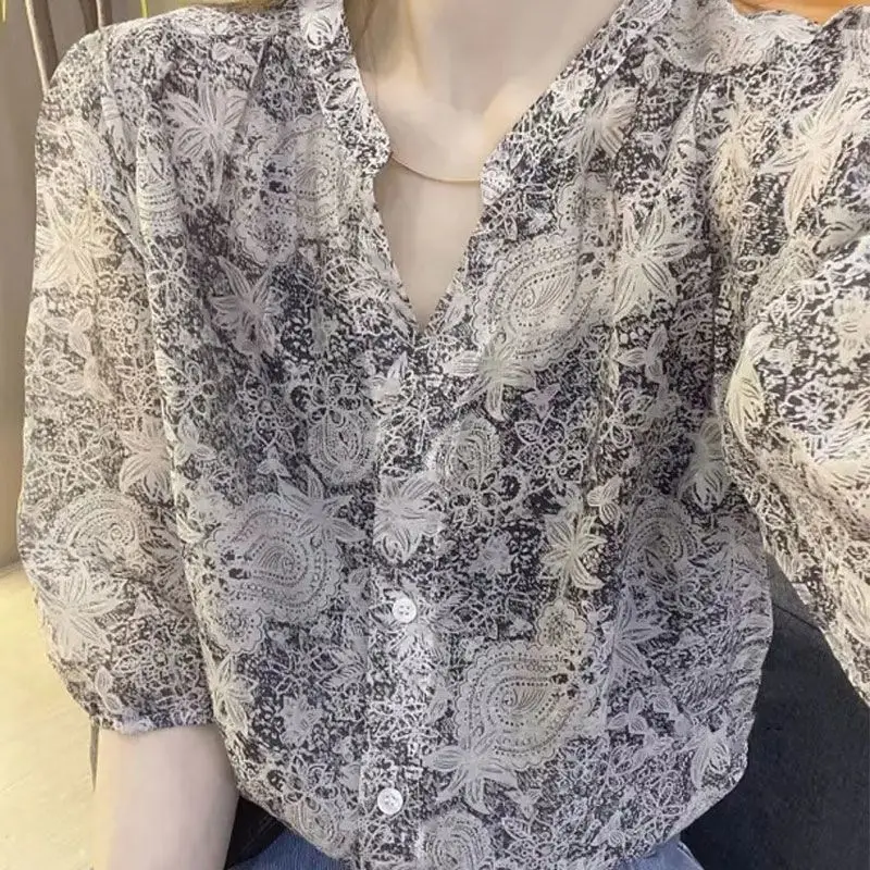 Casual Single-breasted Shirt Fashion Plaid 2023 Summer Printed Korean Half Sleeve Female Clothing Commute V-Neck Loose Blouse