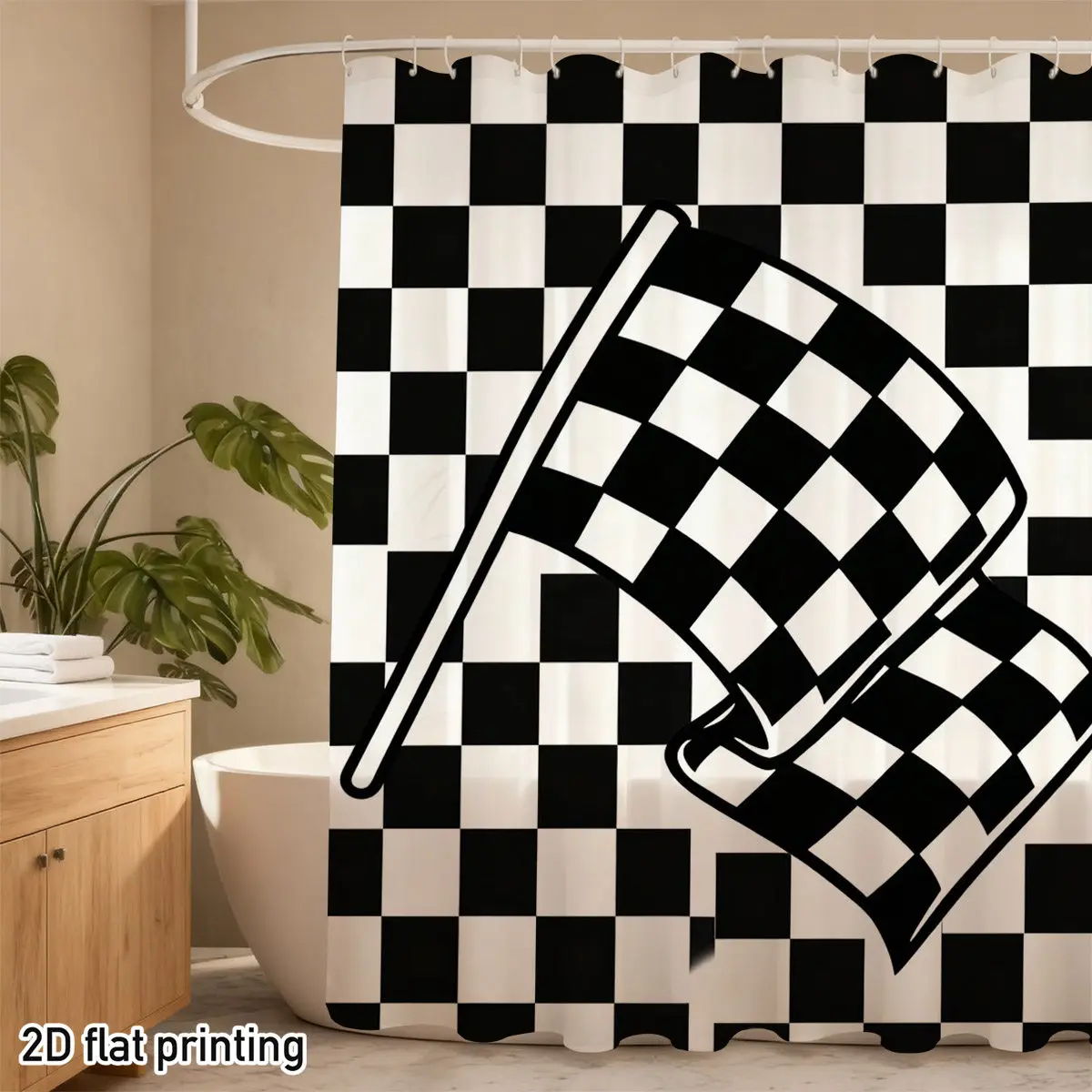 Black & White Checkered Flag Shower Curtain – Floating Racing Flag on Grid Background, 2D Flat Print, Polyester, 12 Hook Holes