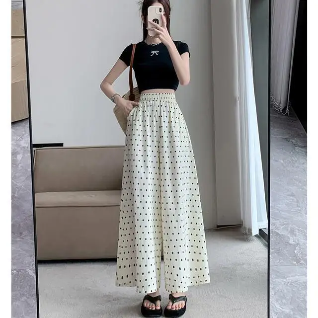 

Polka Dot Wide-leg Pants for Women in Summer Thin Yamamoto Skirt Pants High Waist Design Ice Silk Casual Pants Nine-point Pants