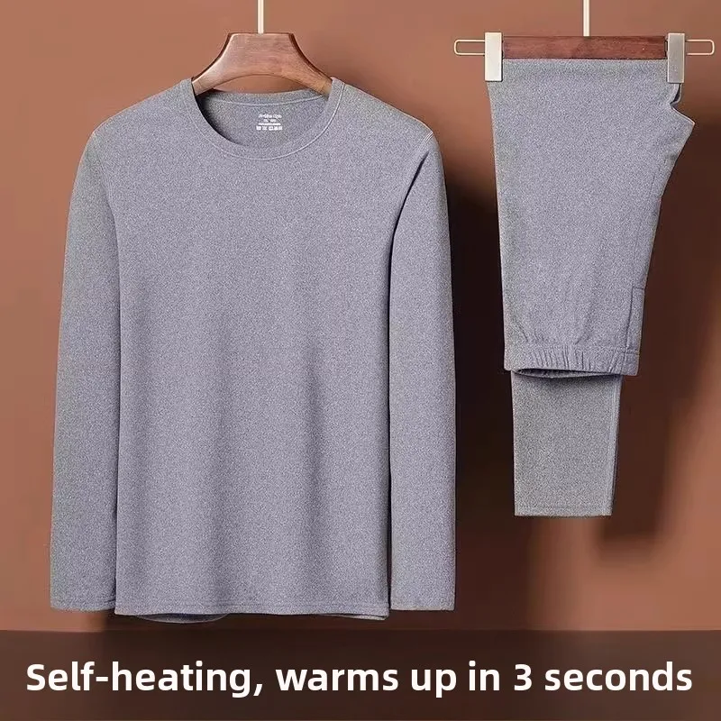 

Warm Double-sided Velvet Men's Long Sve Crew Ne T-irt And Slim Fit Long Pants Thermal Set Youth Winter Faion