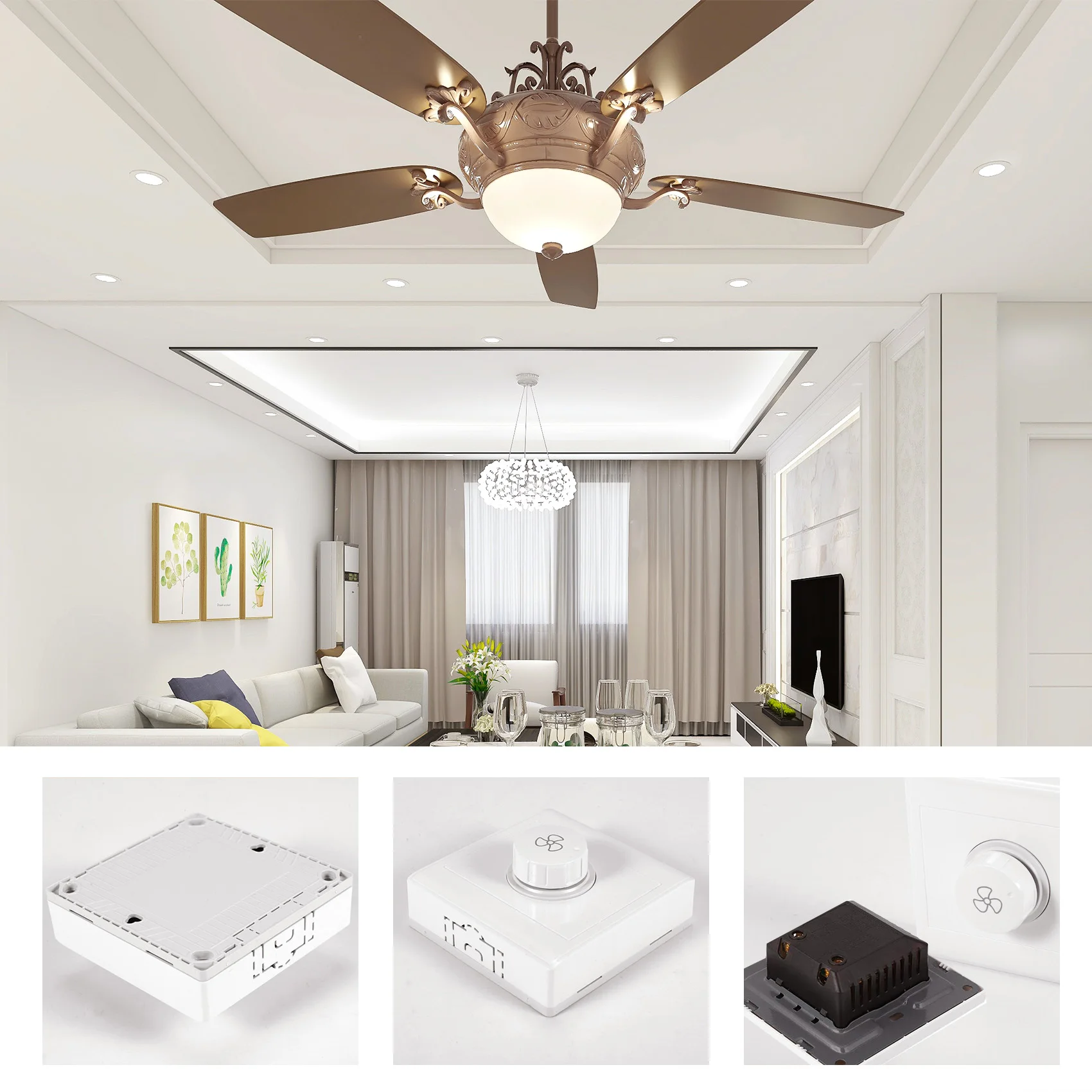 A26F-2Pcs Ceiling Fan Stepless Speed Governor Surface Mounted Fan Speed Switch