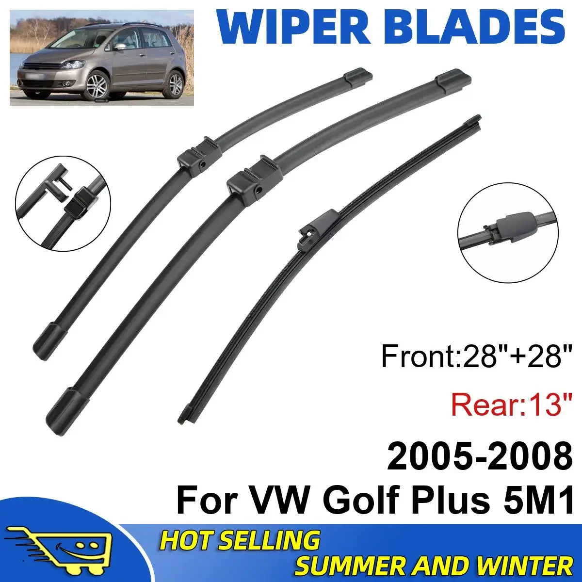 

3PCS For VW Golf Plus 5M1 2005-2008 28" + 28"+ 13" Double Rubber Car Wipers Blades Brushes Cutter Parts Accessories Windscreen