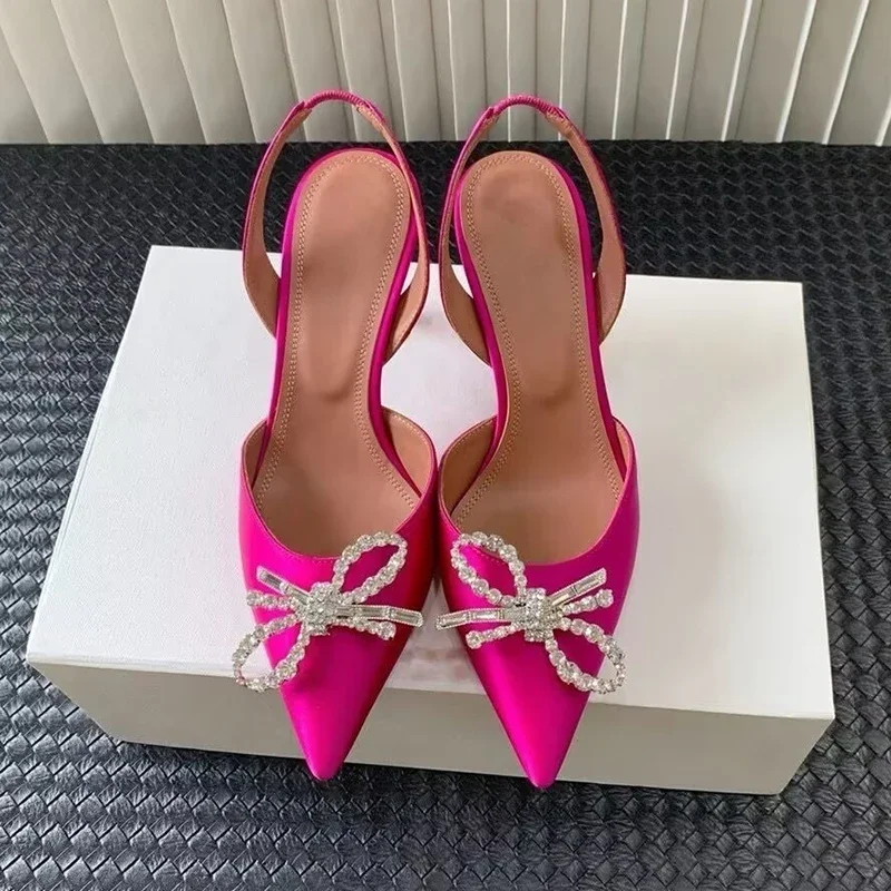 Crystal Bow-knot Thin Heels Sandals Pointed Toe Back Strap Sandalias Satin High Heels Women Pumps Summer Sexy Party Dress Shoes
