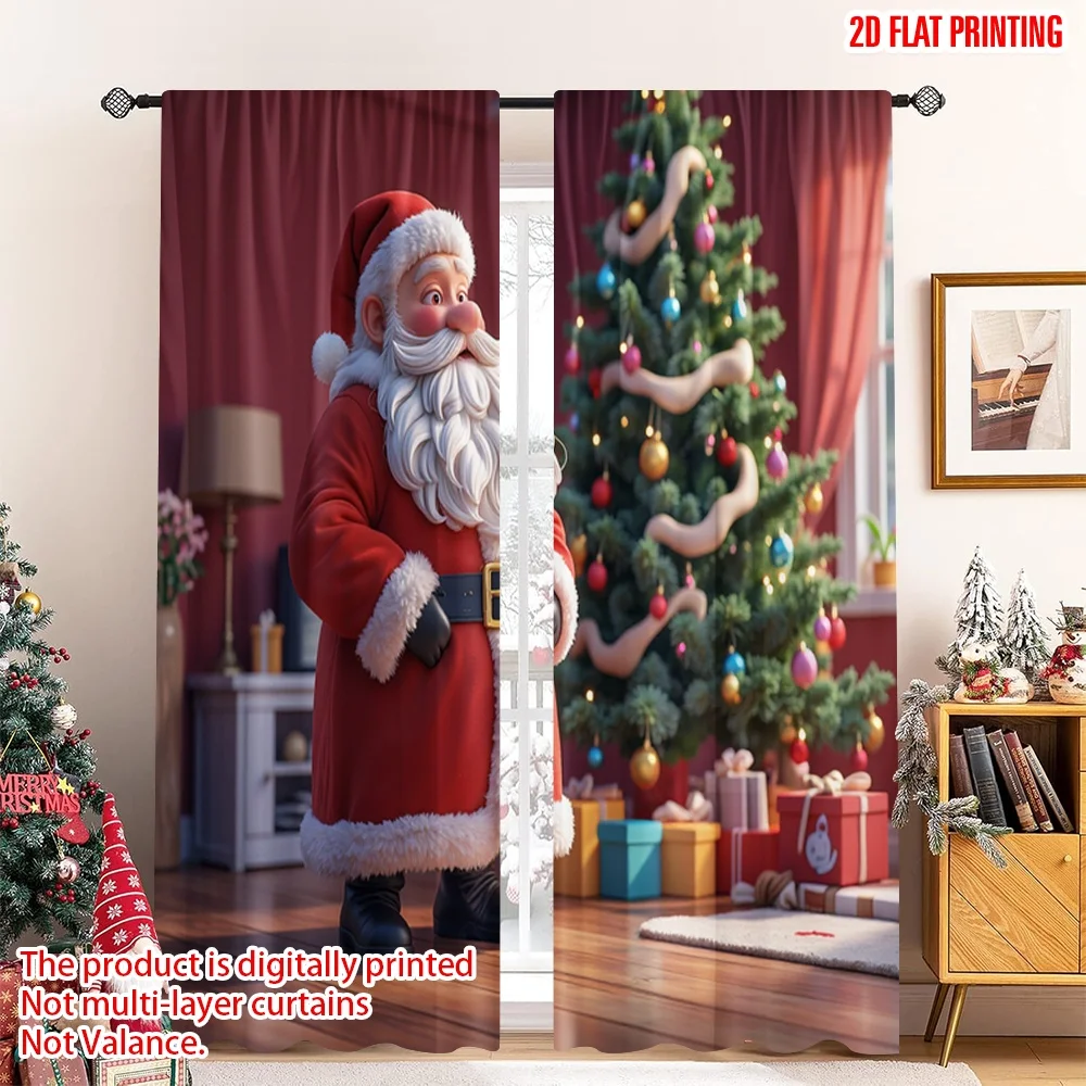 

2pcs 2D flat printing Christmas Party Curtain Santa Claus Holding Envelope Merry Christmas 100% Polyester Fabric Without