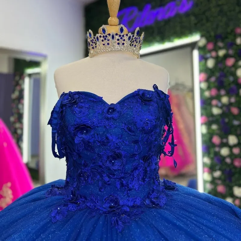 Mexico Royal Blue Ball Gown Quinceanera Dresses For 15 Years old Girl Beaded 3D Flowers Birthday Party Gowns Prom Dresses Hot