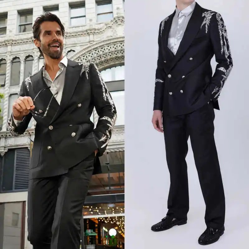 

Delicate Men Suit Slim Fit 2 Pieces Jacket Pants Peaked Lapel Applique Groom Wedding Tuxedos Customized trajes para hombre