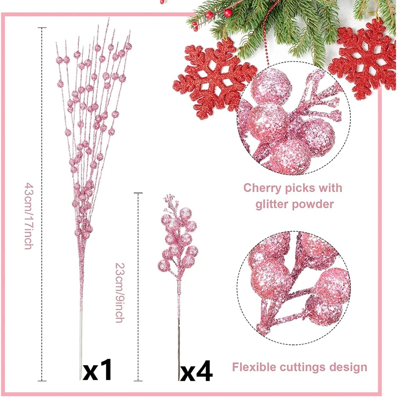 5 قطع من فروع التوت الاصطناعي اللامعة الوردية لتزيين شجرة عيد الميلاد وديكور المنزل وإكسسوارات ديكور السنة الجديدة #6