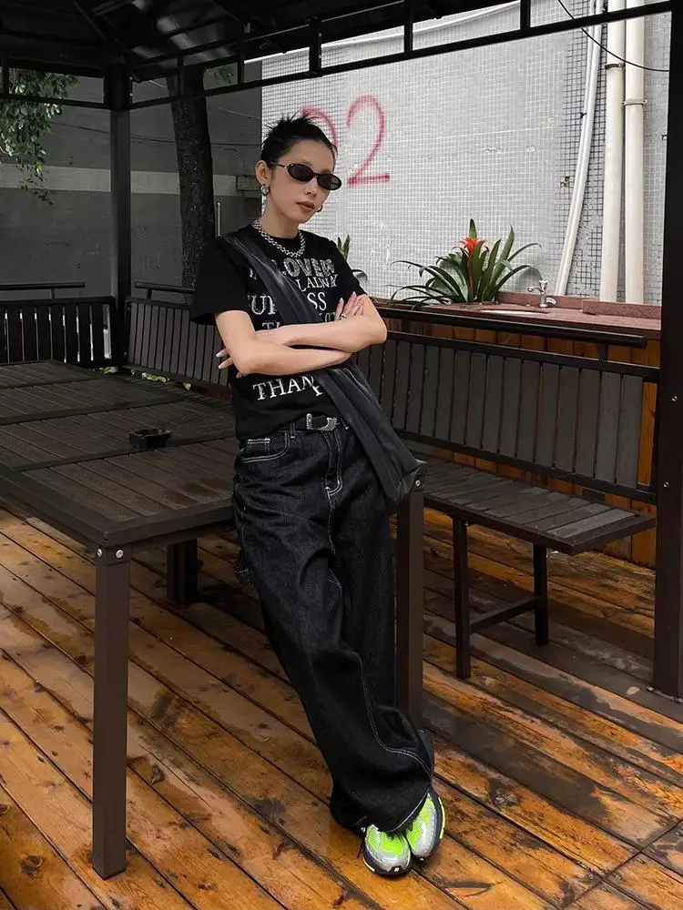 Mulheres Y2K bordado perna larga jeans retro cintura alta calças jeans largas para streetwear casual