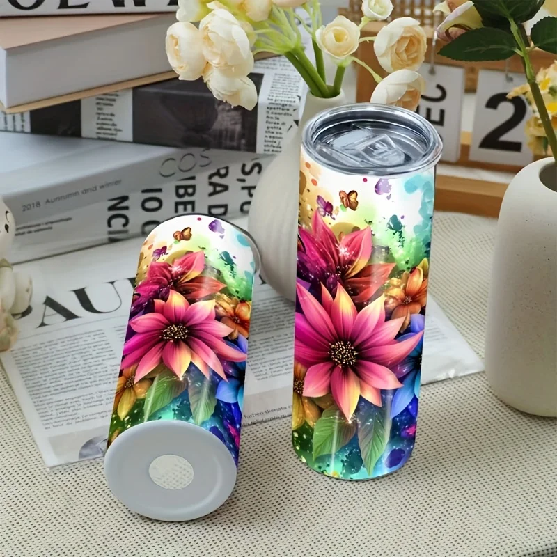 1pc 20oz Straight Cup Stainless Steel Insulated Mug Flower Shadow Colorful: Colorful Pattern Fashionable Portable Travel Cup, Cold Preservation Cup, Internal Double Layer Vacuum Design, Leak-proof,  Suitable for Hot and Cold Drinks,