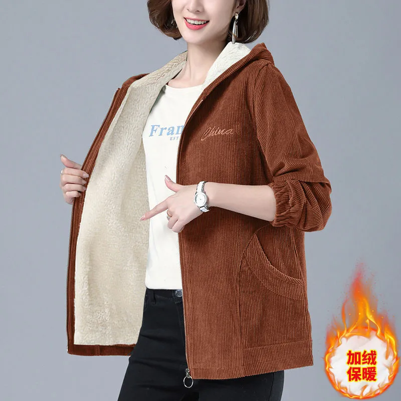 Plush Corduroy Jackets Women's Short 2025Spring And Autumn New Coat Casual Ladies Outerwear Loose Hooded Warm Outcoat Female L13