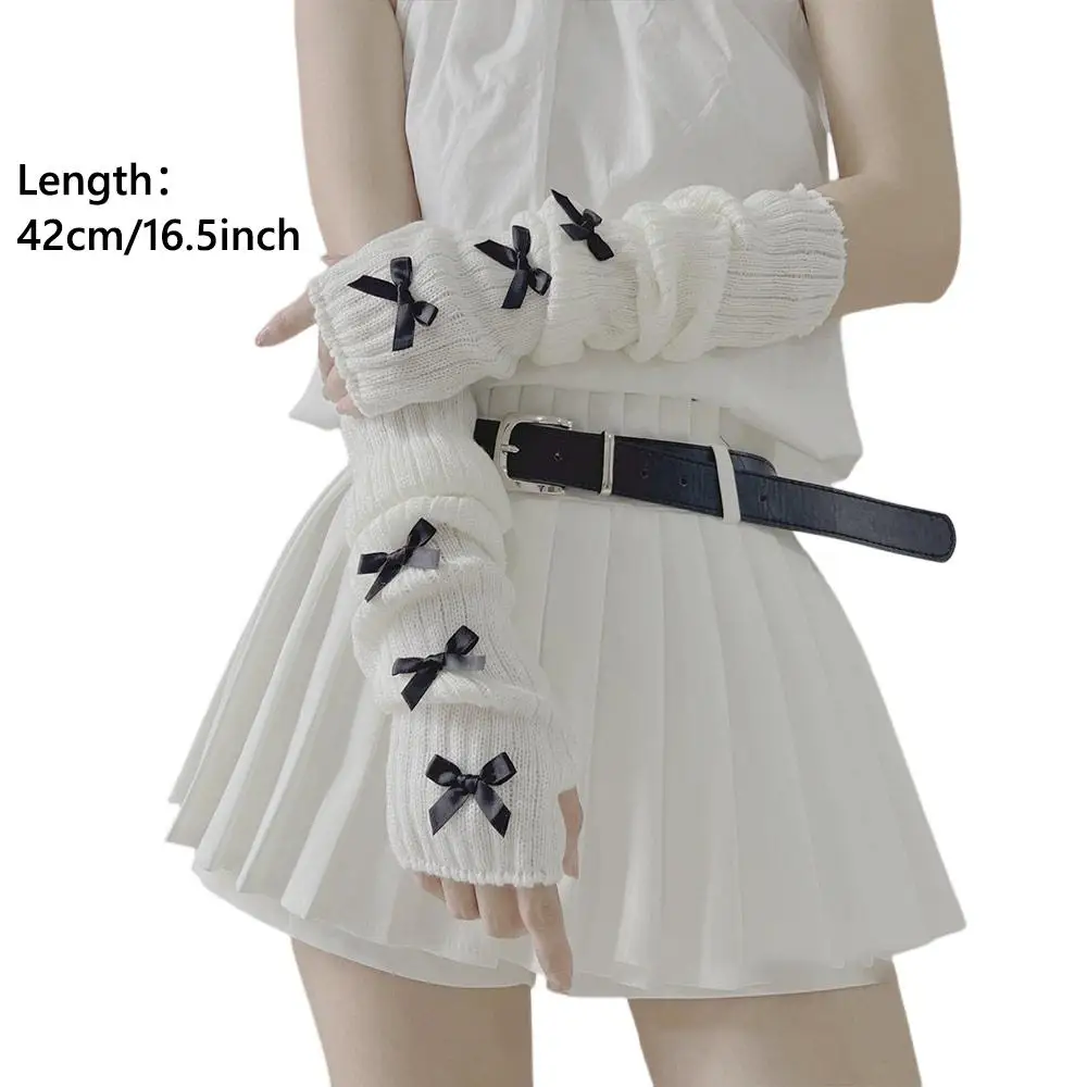 PUNK Lolita Bowknot แขนอุ่นญี่ปุ่น Harajuke Gothic แขน Y2K หวานถักแขนยาว Fingerless Mittens สําหรับผู้หญิง