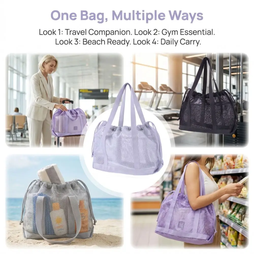 Foldable Mesh Beach Bag Large Capacity Drawstring Closure Drawstring Handbag Washable Breathable Toiletry Storage Bag Beach Use