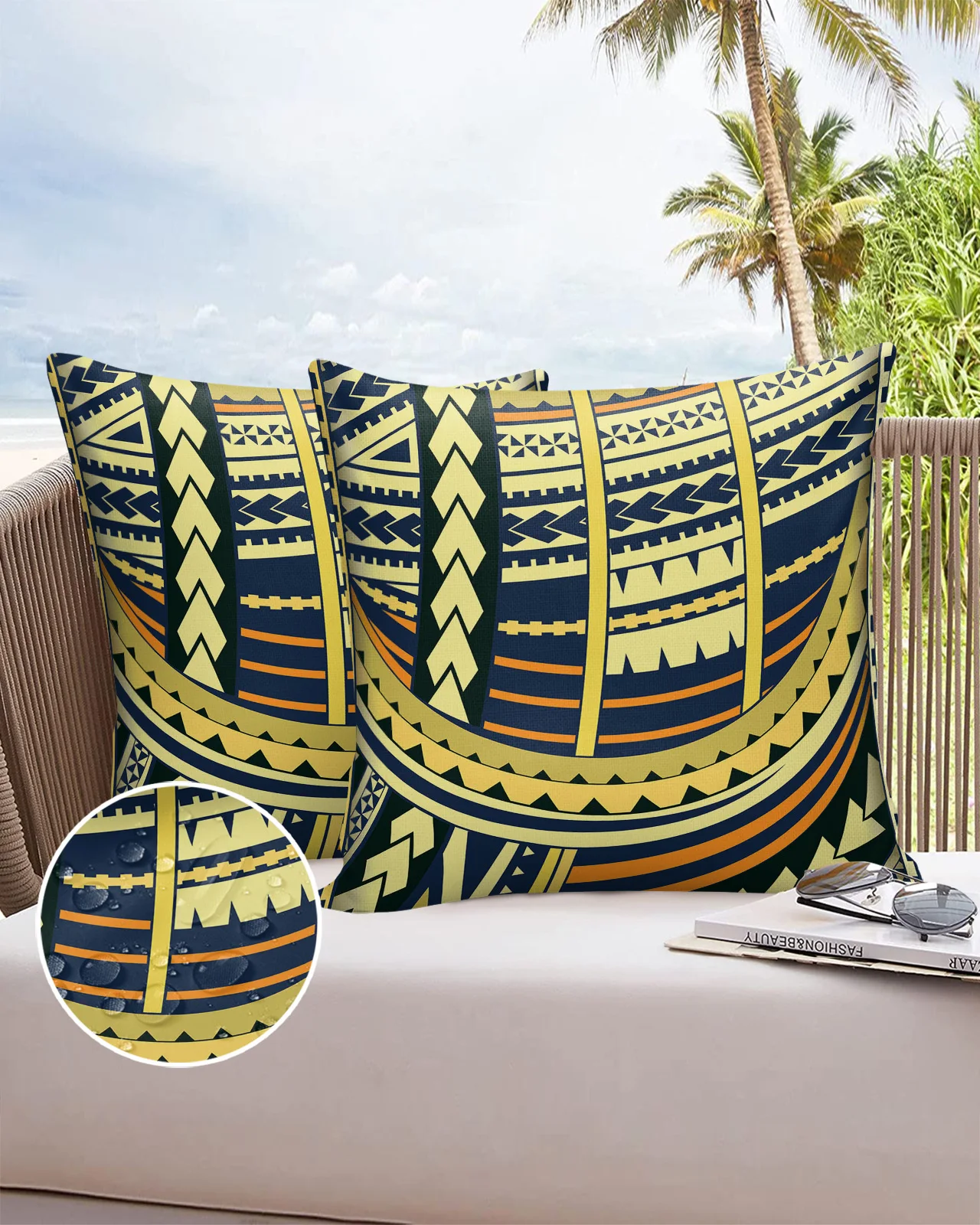 2/4PCS Outdoor Garden Chair Waterproof Cushion Cover Polynesian Ethnic Texture Yellow Home Decor 40/45/50/60/66cm Pillow Case