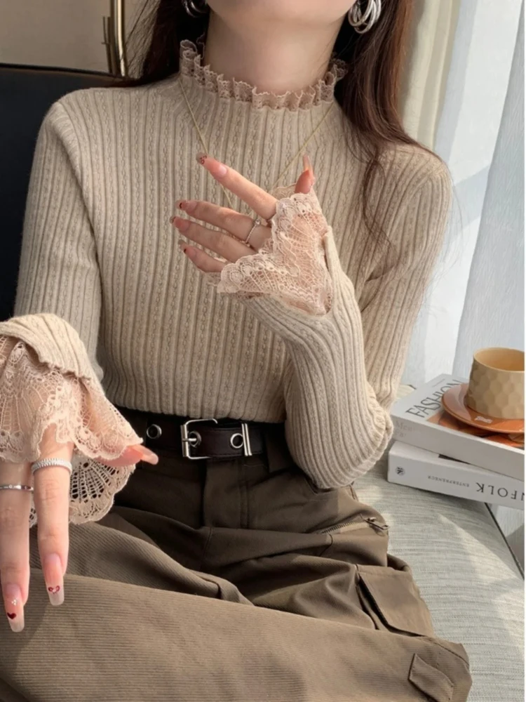 2026 New Mock Neck Skinny Elastic Knitted Shirt Women Pullover Sweater Tops Spring Female Long Sleeve Knit Patctwork Lace Shirts