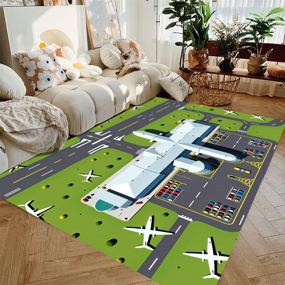 Unique Airplane Terminal Pattern Playmat for Children Interactive Airport Themed Activity Rug Floor Mat for Living Room Bedroom