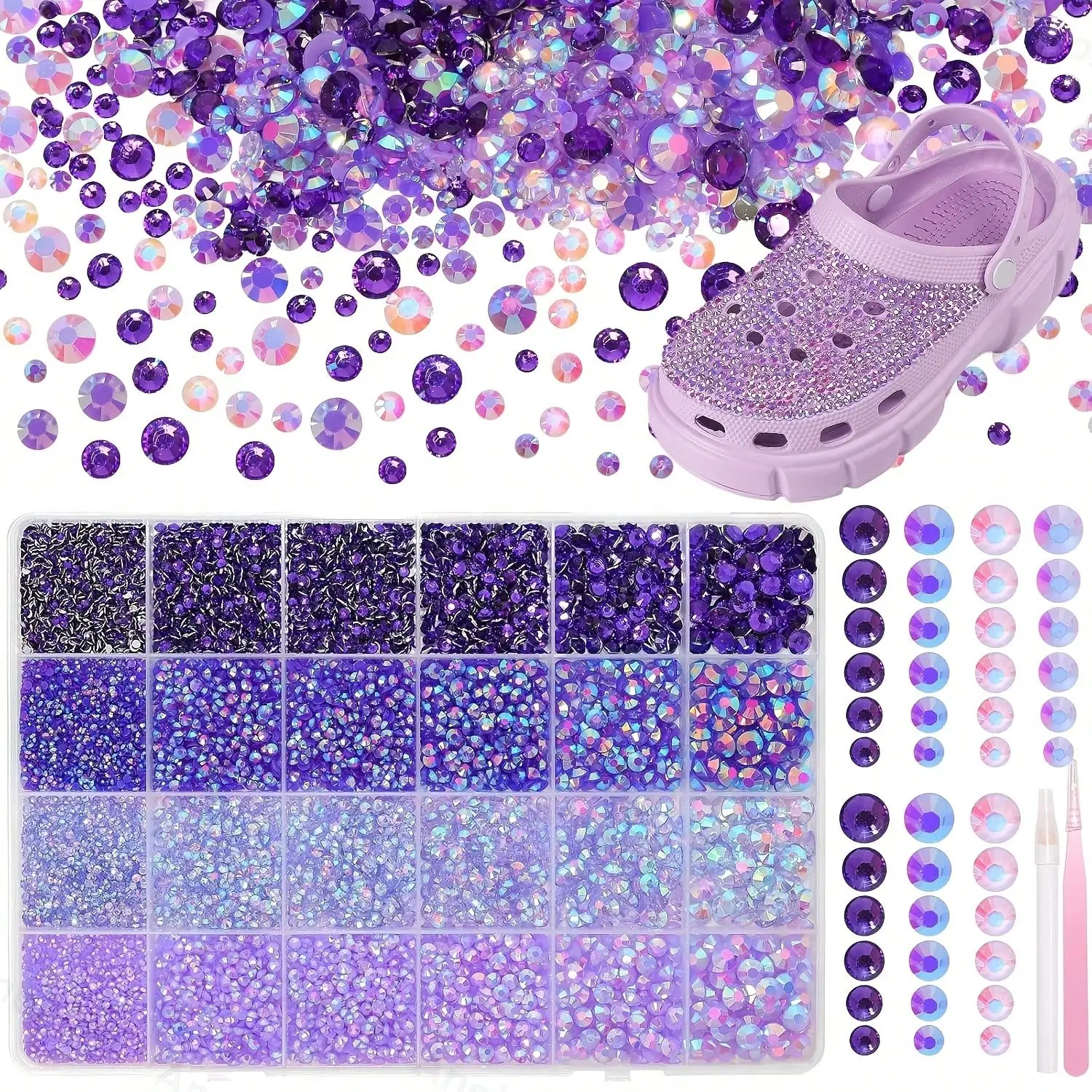 24 Grid 4-Color Purple Series Rhinestone Set, Used for DIY Shoes, Cups, Crafts, Performance Costumes, Celebrity Concert Decorati